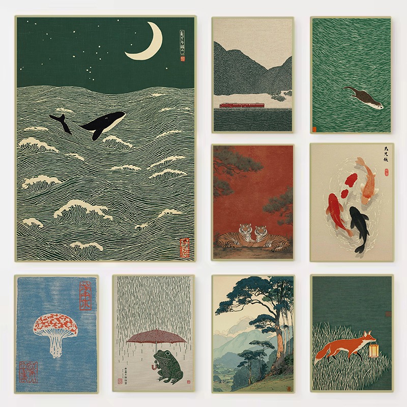 Japanese Lifestyle Home - Ilustracja w stylu vintage japońskim, pociąg,