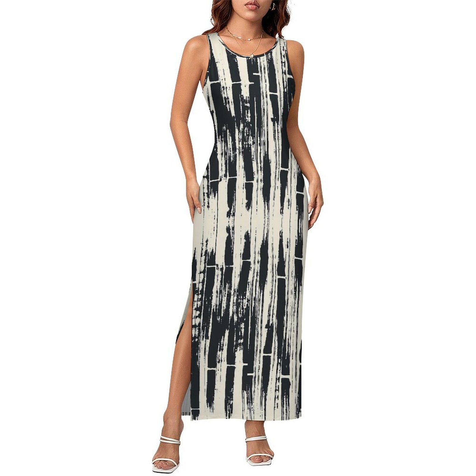 Shibori Tie Dye - Czarna sukienka tie-dye bez rękawów z